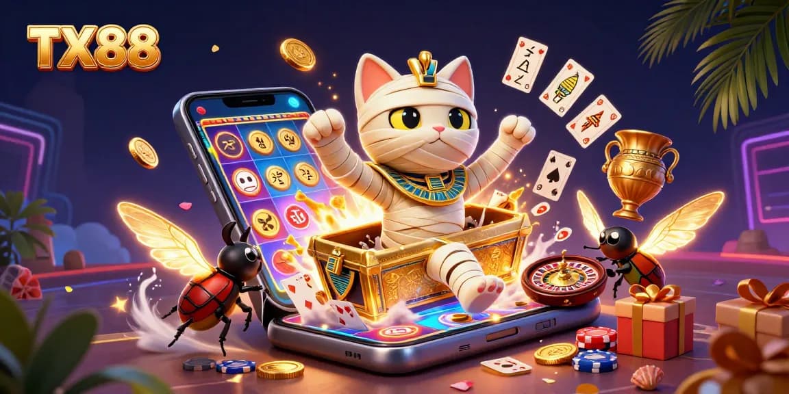 Experience the thrill of TX88 with a vibrant 3D casino scene featuring an Egyptian mummy cat.