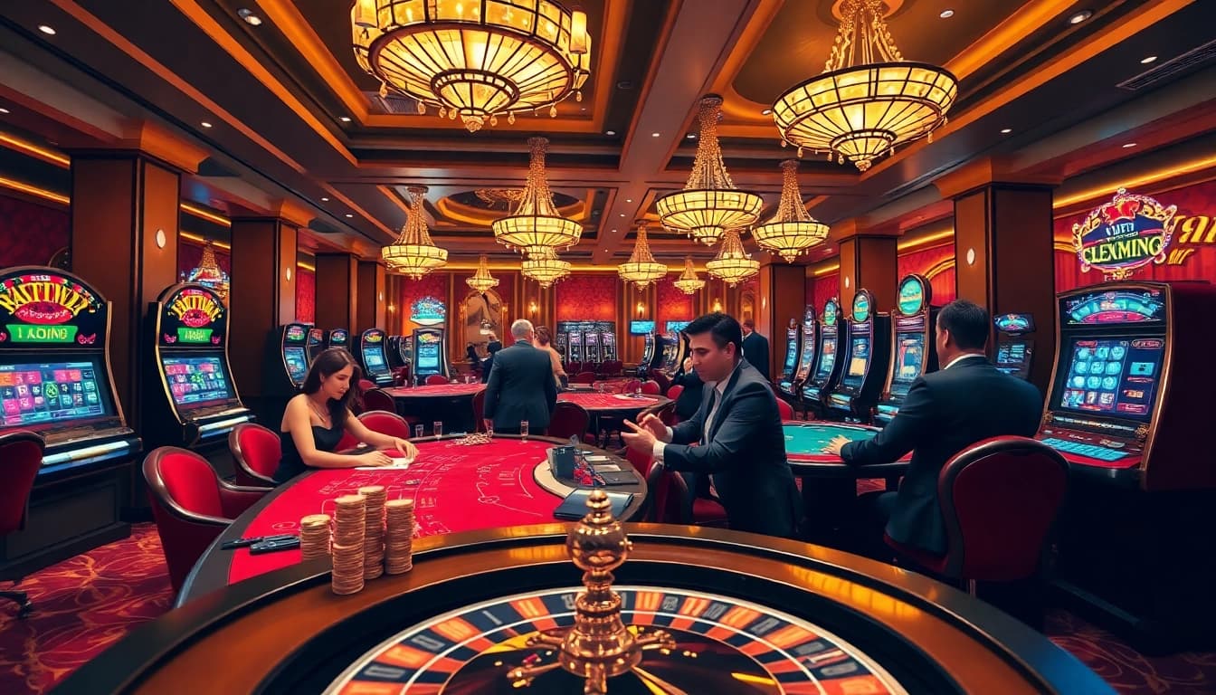 Players enjoying high-stakes games at 789win casino, showcasing poker chips and vibrant slot machines.
