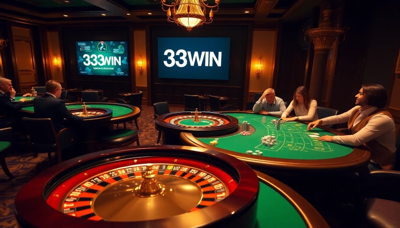 Players enjoying a thrilling game on the 33WIN casino floor with cards and roulette wheels.
