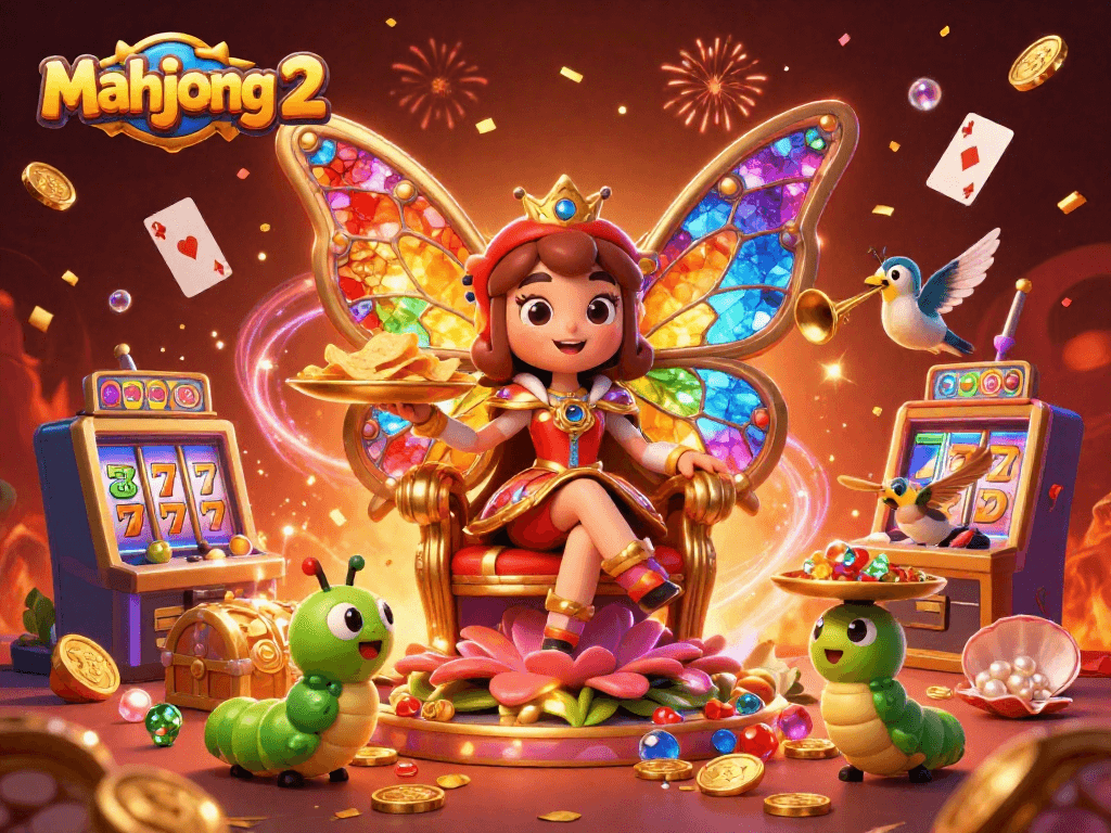 Engage with mahjong 2 in this festive casino scene featuring vibrant characters and dynamic slot elements.
