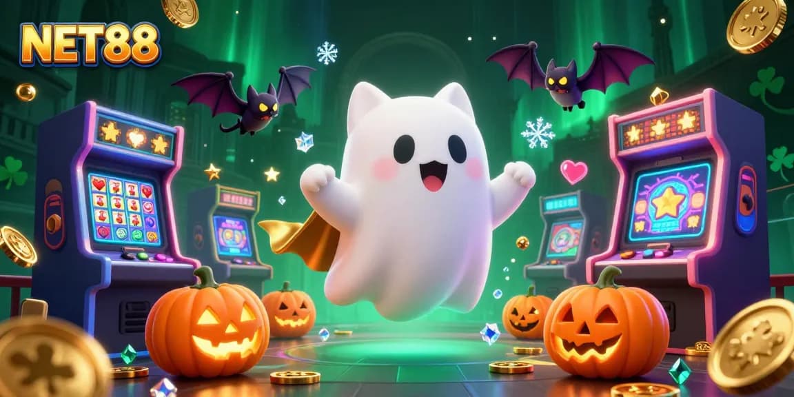 Engage with NET88’s thrilling casino adventures featuring a ghost cat and bat in a haunted mansion.
