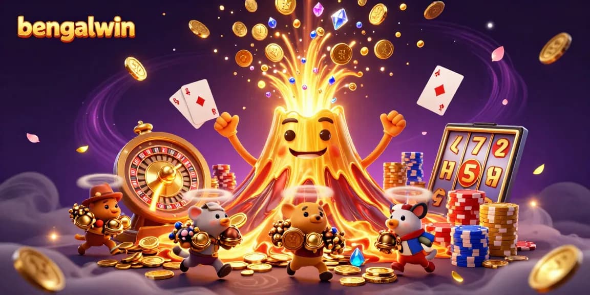 Bengalwin triumphs with a golden volcano erupting gems and coins, showcasing dynamic casino excitement.