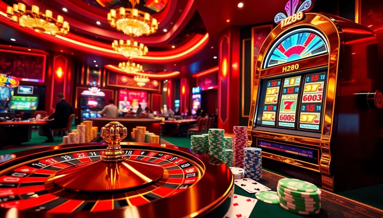 Experience the thrill of HZ88 casino with vibrant roulette and colorful poker chips.