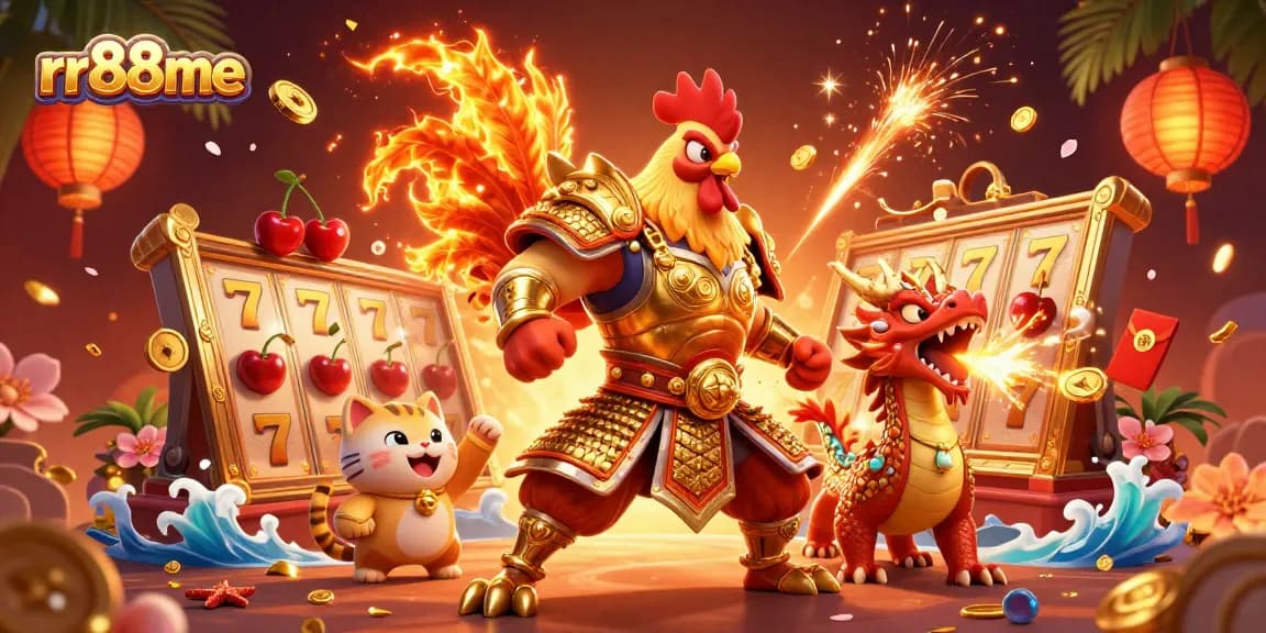 Experience thrilling slots with rr88me featuring a powerful rooster warrior and dragon hatchling.