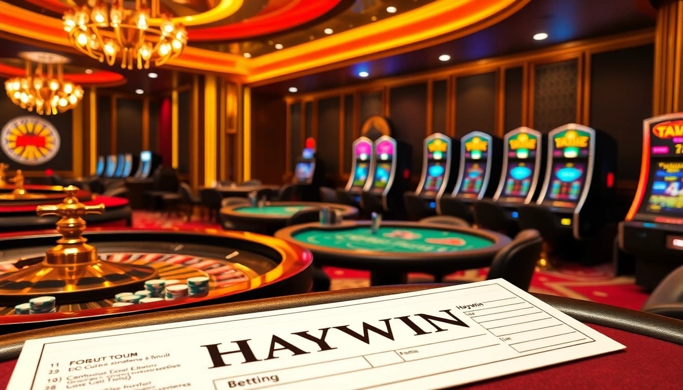 Experience thrilling gameplay at HAYWIN's luxurious casino setup featuring poker tables and roulette wheels.