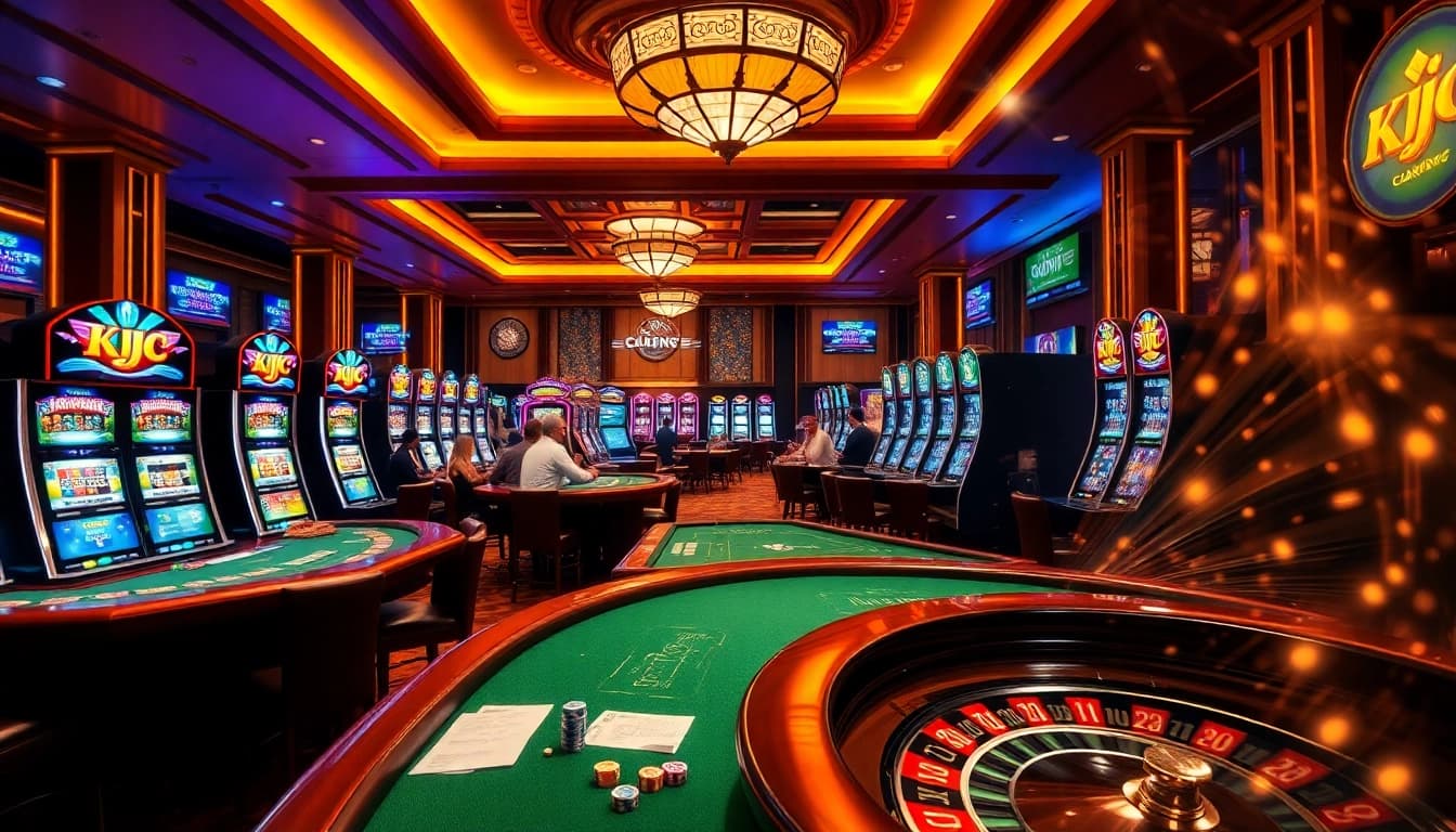 KJC casino scene featuring poker tables, vibrant slot machines, and thrilling roulette wheel.