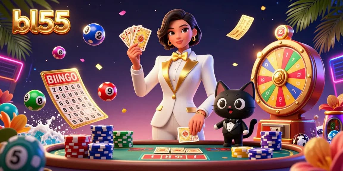 Experience thrilling games at bl55 with a glamorous woman and her cat surrounded by vibrant casino elements.