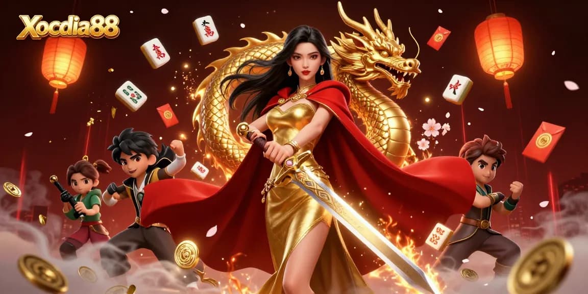 Xocdia88 offers thrilling gameplay, showcasing a warrior queen with a golden dragon among vibrant casino elements.