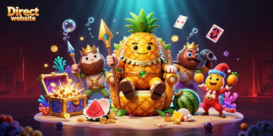 Spin the reels at the Direct website's lively tropical casino featuring a golden pineapple king and fruit-themed elements.