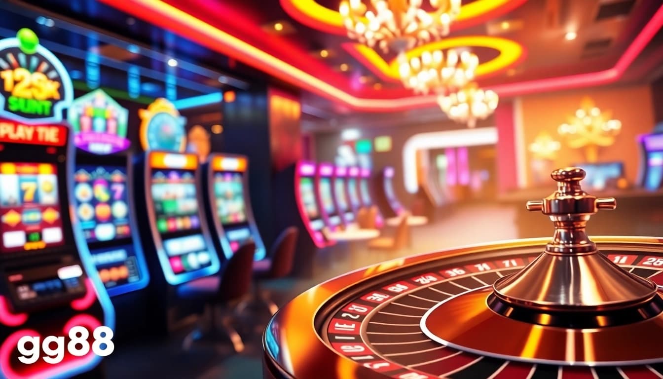 Experience the excitement of gg88 with a luxurious online casino interface showcasing vibrant slot machines and poker games.