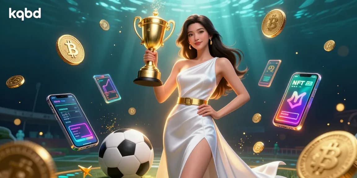 KQBD showcases a victorious Asian woman celebrating sports betting success with vibrant crypto elements.