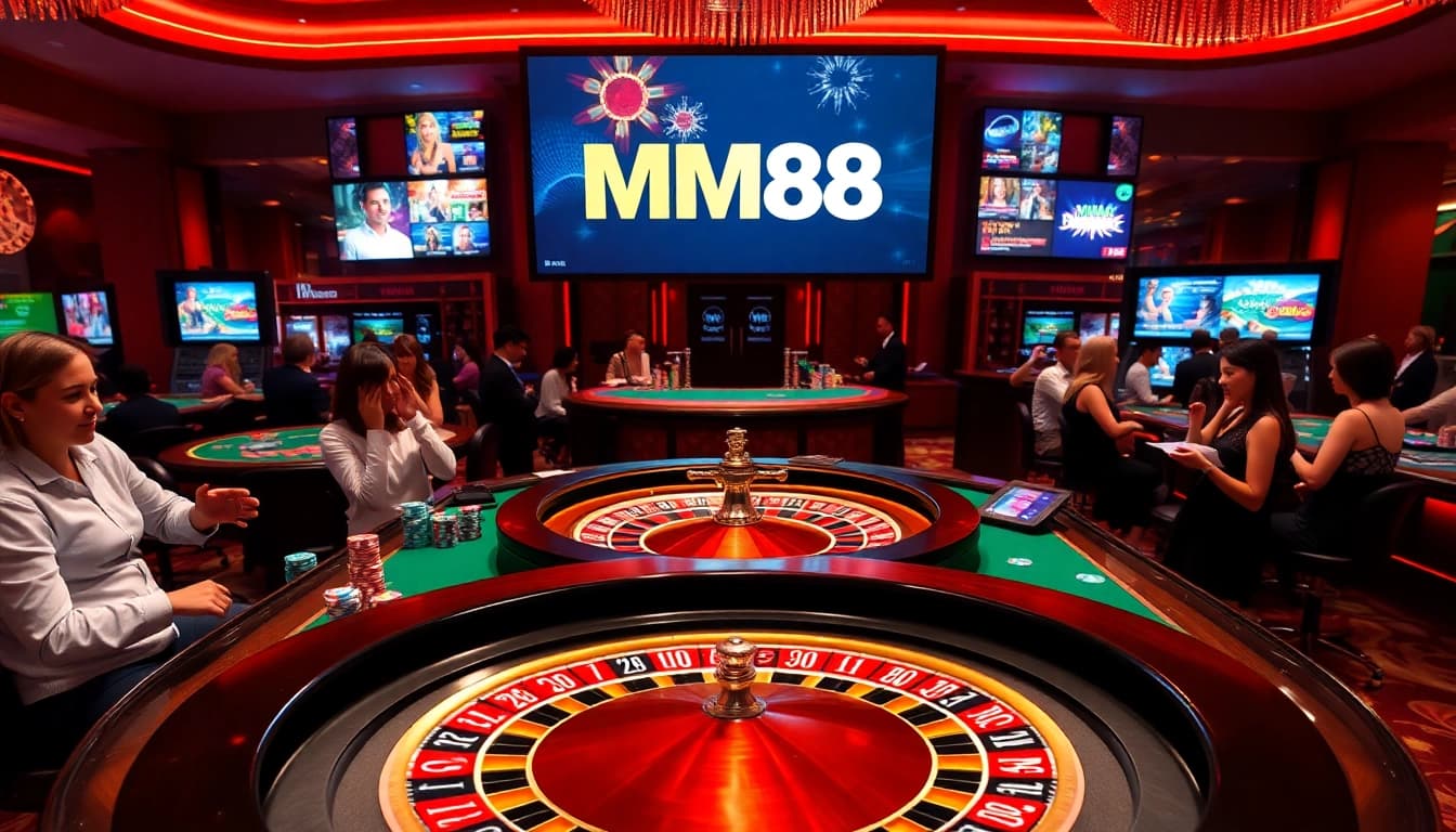 Excited players engaging at a luxury casino table, focusing on MM88 betting experiences.