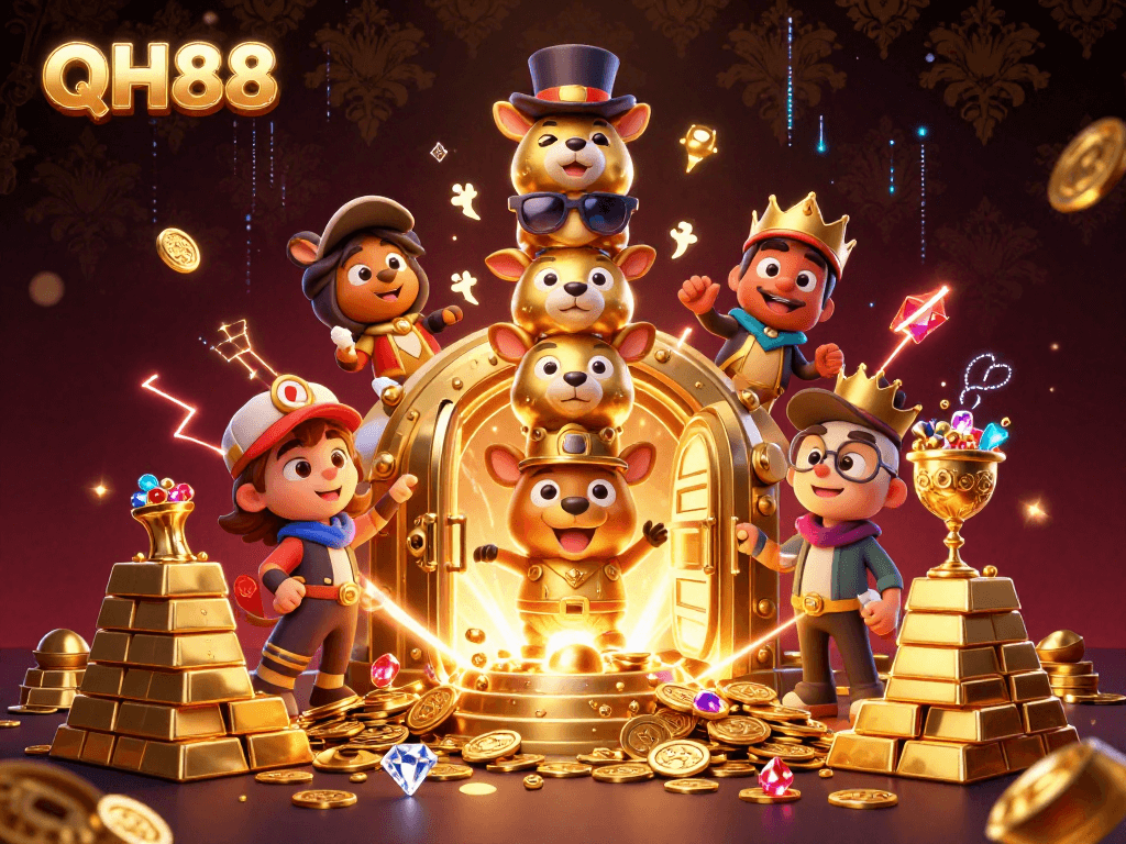 Join the excitement at QH88 with a vibrant casino illustration featuring treasures and a golden totem pole.