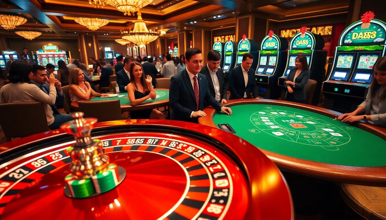 Engaged players celebrate wins at elegantly designed DA88-themed casino tables.