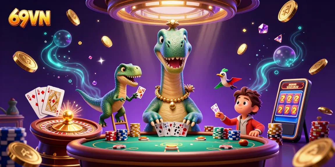 Win big at 69VN's casino with vibrant gaming scenes featuring dinosaurs and dynamic cards.