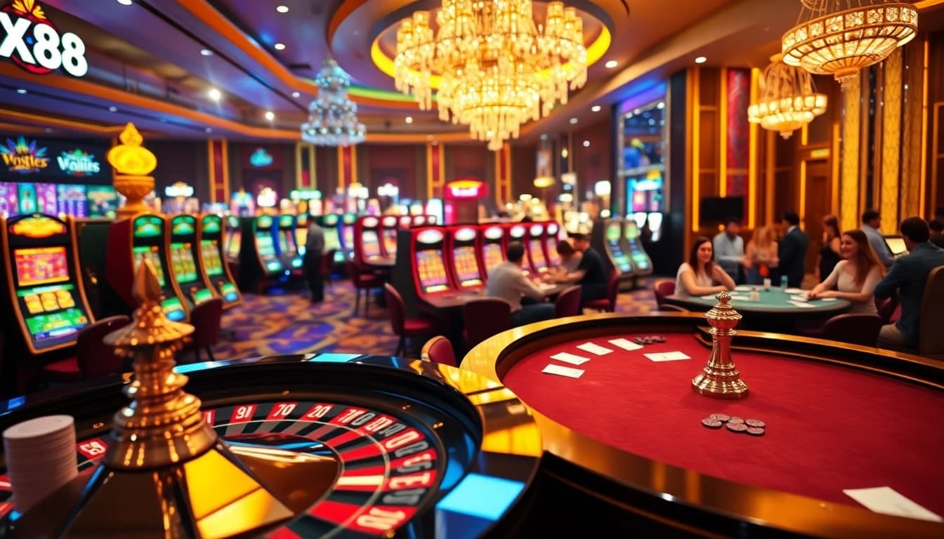 Experience the thrilling ambiance of X88's vibrant casino with spinning roulette and excited players.