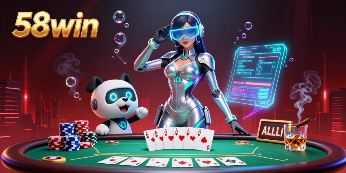 Engage with 58win's vibrant casino environment featuring a futuristic character, a robotic companion, and dynamic casino elements.