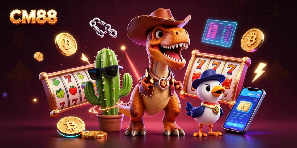 Engage in thrilling online slots at CM88, featuring a vibrant 3D scene with cartoon characters and jackpot elements.