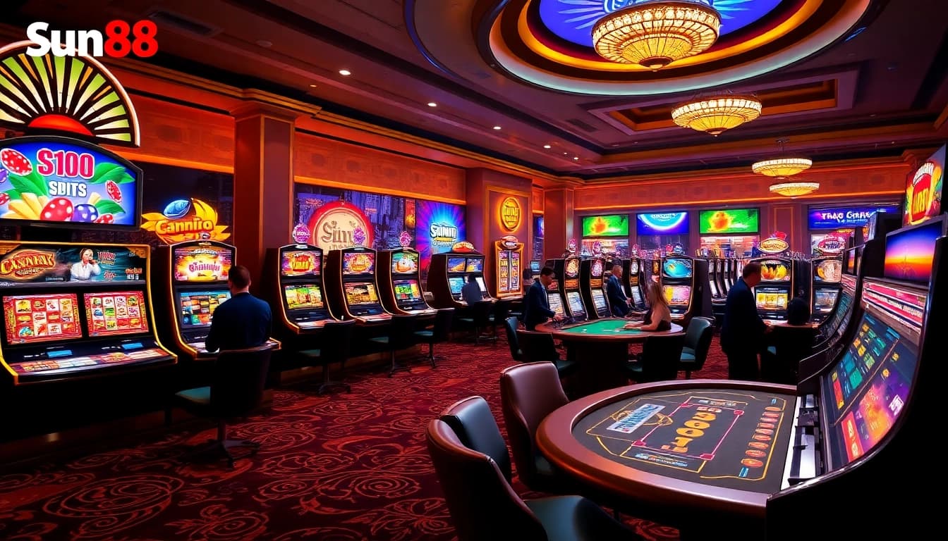 Exciting gameplay at Sun88 with vibrant slot machines and poker chips on display.