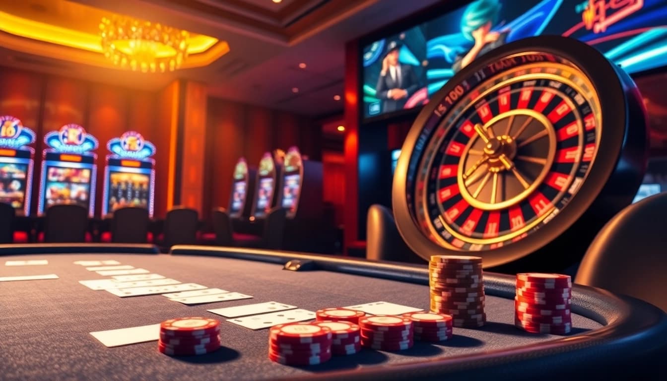Experience the thrill of betting at https://www.6rwin33.com/, featuring an elegant casino scene with poker chips and a roulette wheel.