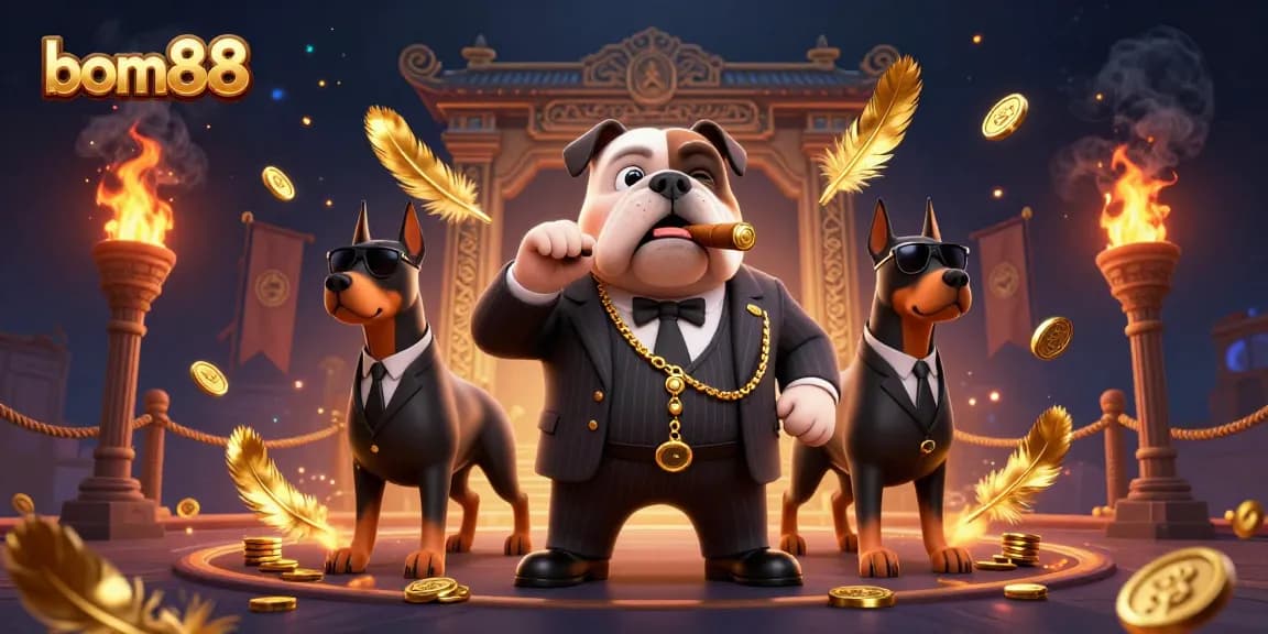Engage with BOM88's exciting gaming experience featuring a mafia boss and bodyguards in a dynamic casino scene.