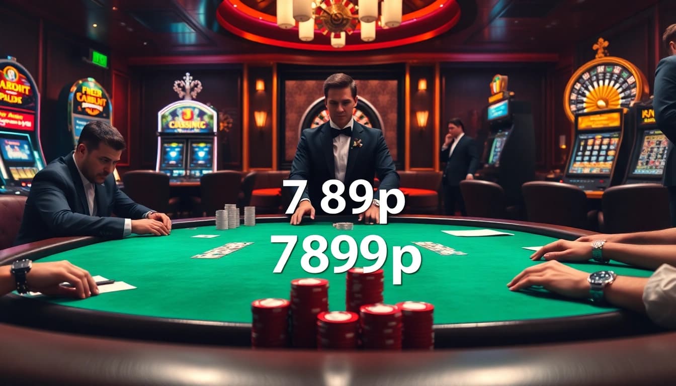 Players strategizing at a poker table in a vibrant casino scene showcasing 789p gaming excitement.