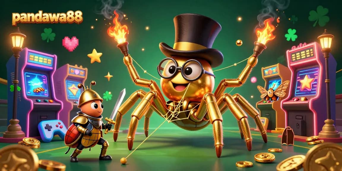 Pandawa88 highlights an adventurous scene with a giant tarantula and brave beetle knight amidst glowing casino elements.