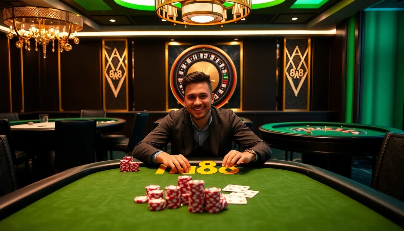 Gambler at a HU 88 poker table celebrating a win with chips and cards.