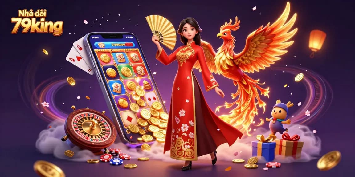 Engage with the vibrant gaming atmosphere of Nhà cái 79king featuring a beautiful woman in ao dai and golden phoenix.