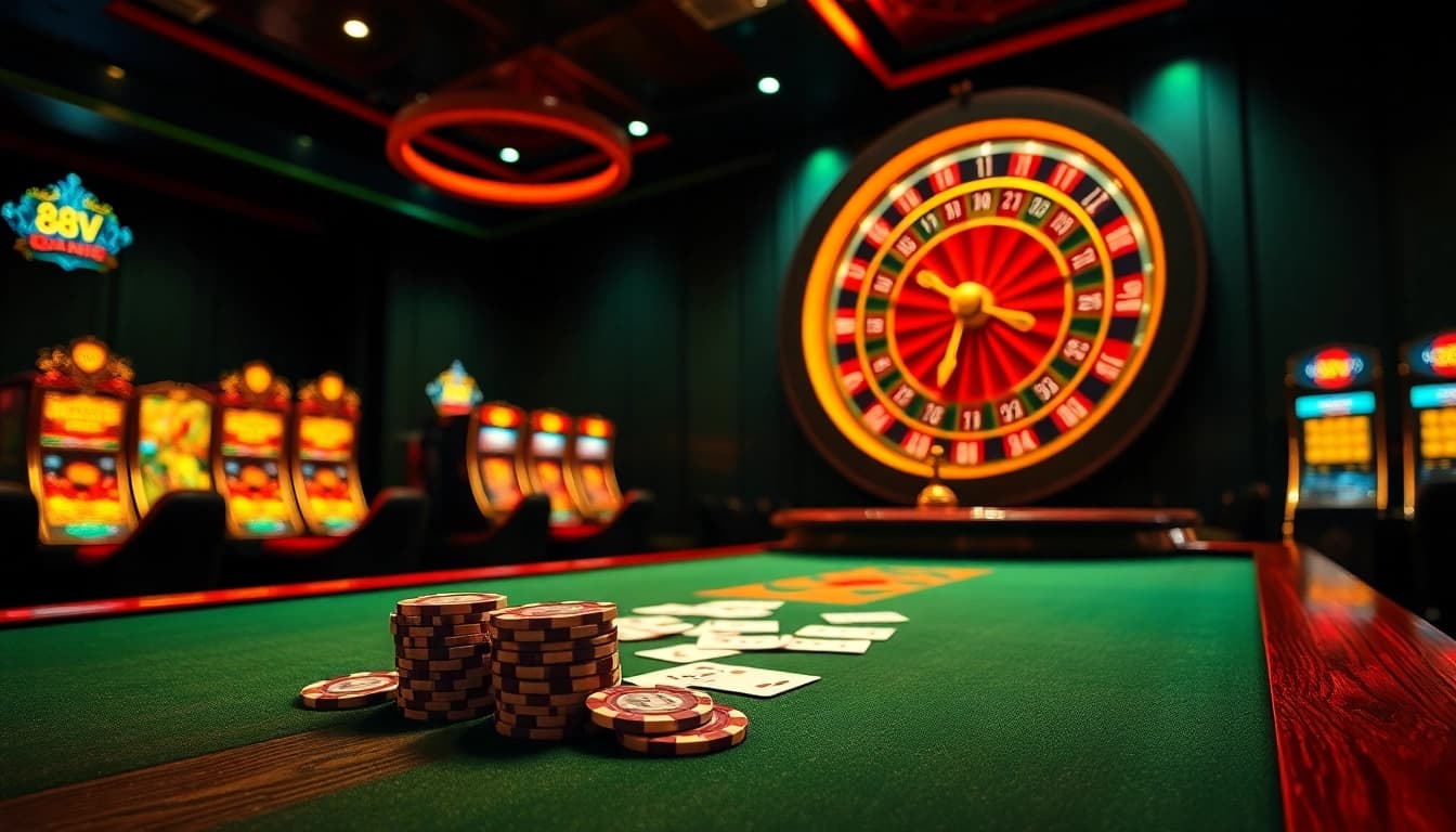 Exciting online casino scene representing 88vv with poker chips, roulette, and vibrant colors.