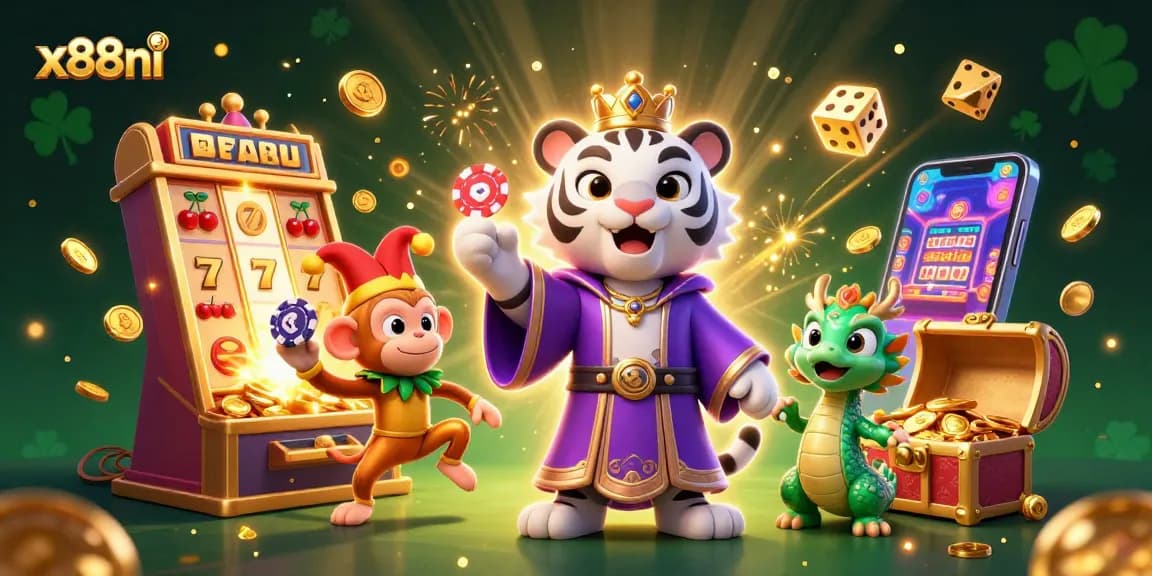 Experience the thrill of x88ni with a dynamic casino scene featuring a tiger, monkey, and dragon.