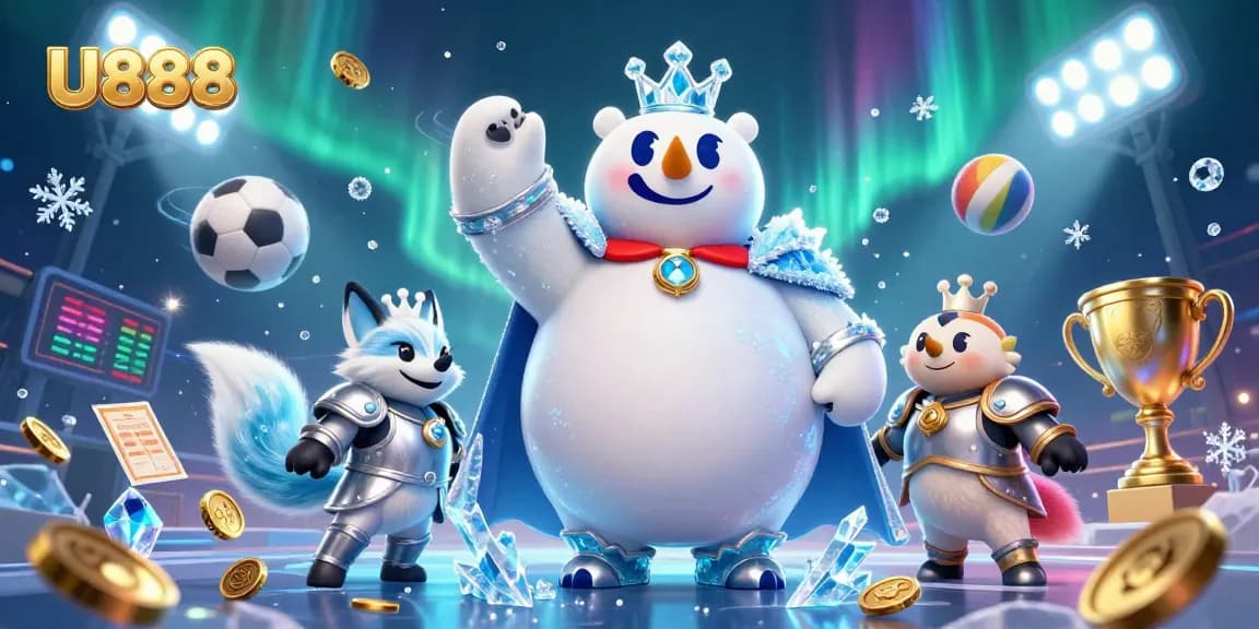 U888 delivers thrilling action with a polar bear and fox amidst flying sports elements.