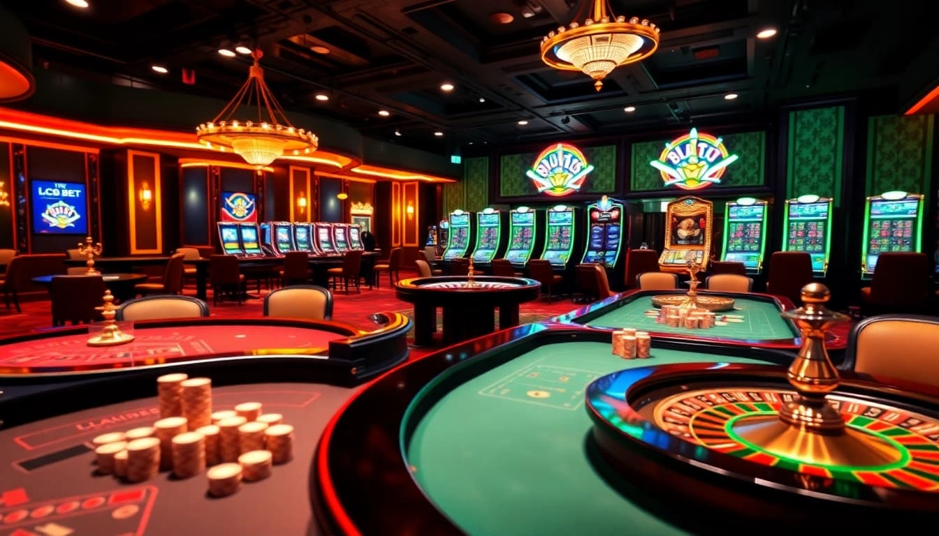 Experience the excitement of LC88 BET in a vibrant casino scene featuring poker tables and slot machines.