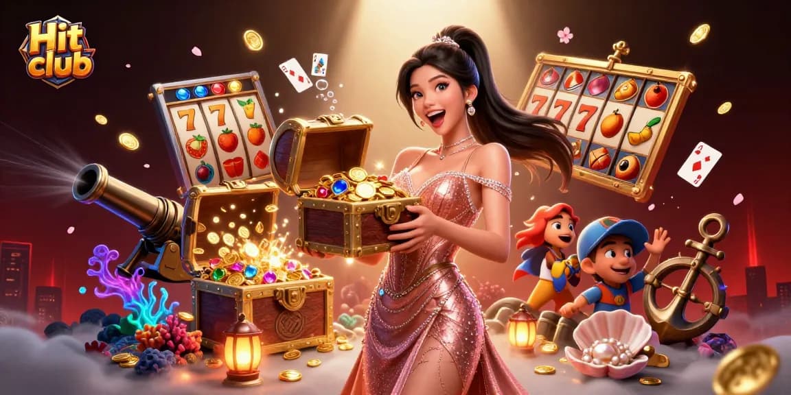Hit club engages gamblers with a vibrant slot scene filled with gold coins and gems.