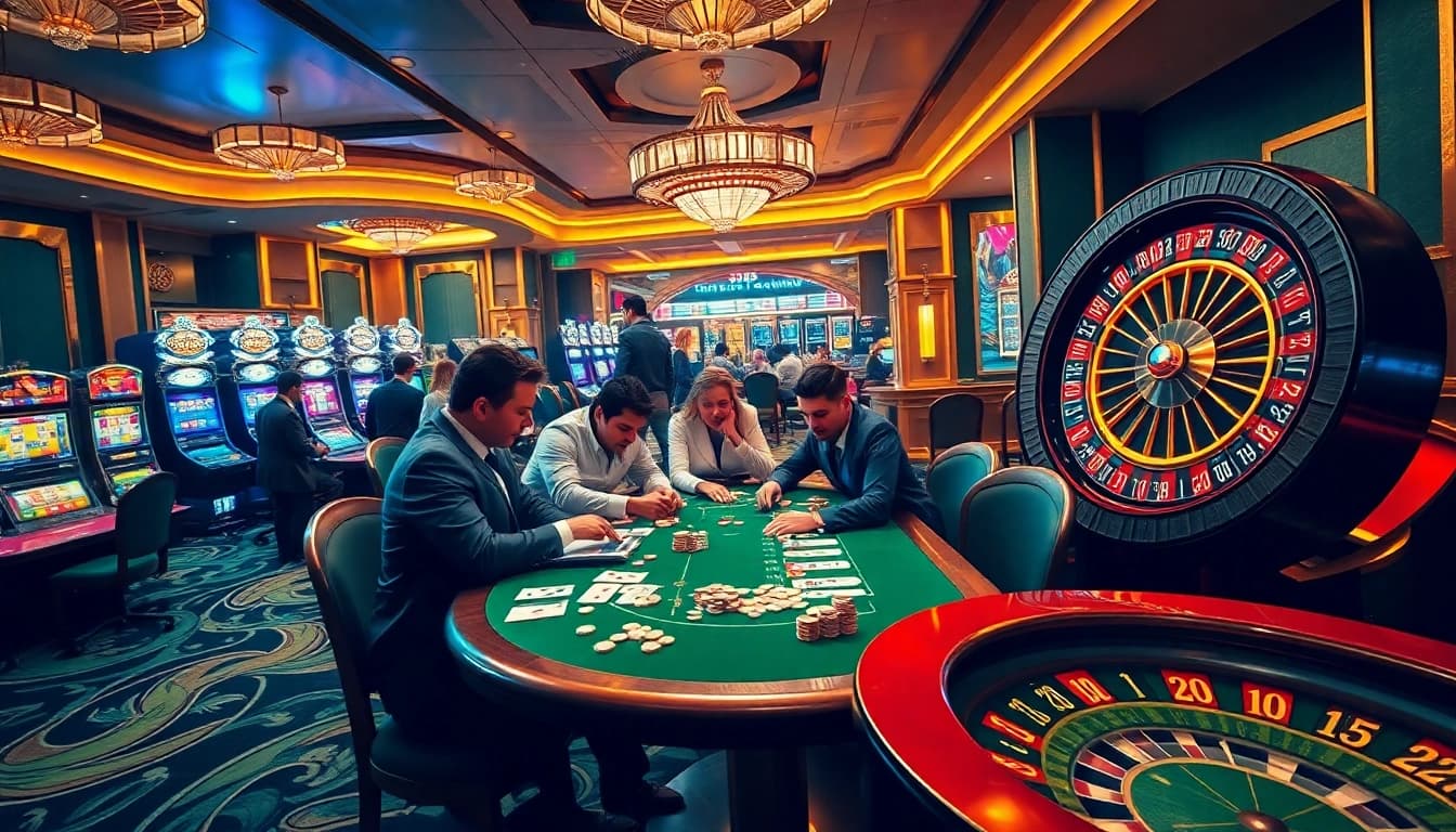 SX88 casino scene showcasing intense poker action with vibrant slot machines in the background.