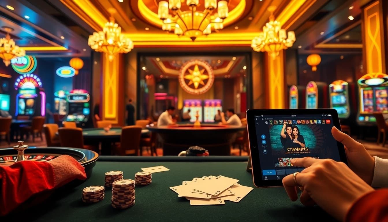 Exciting casino gaming experience featuring Nhà cái Win55's poker tables and slot machines.