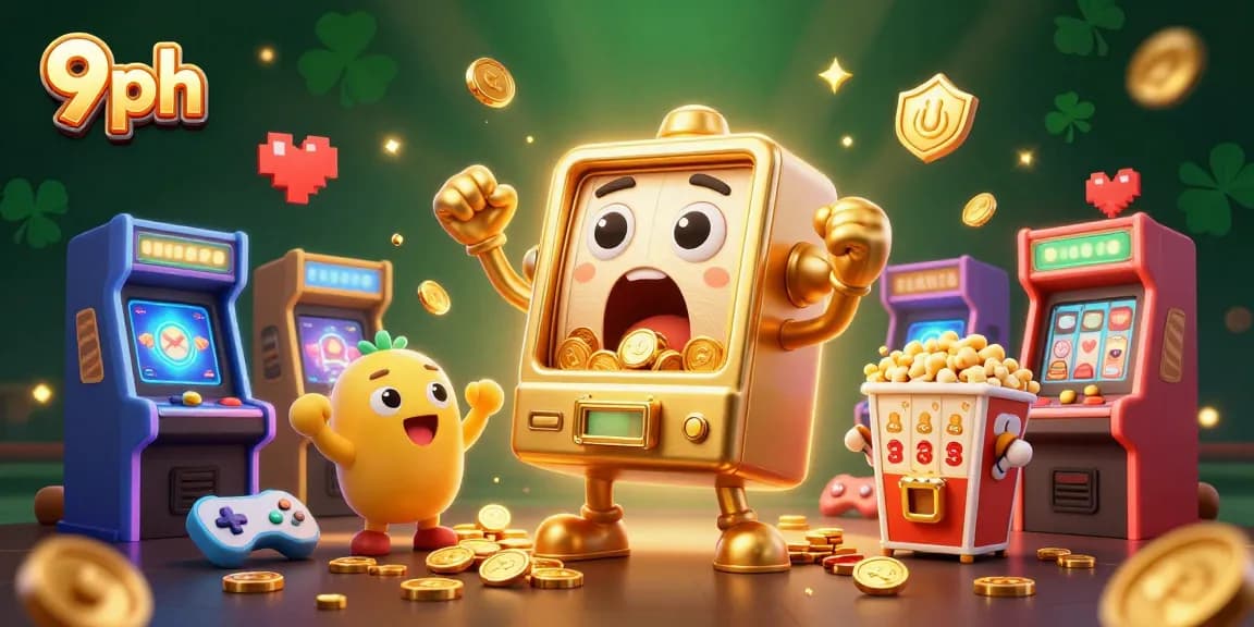 Experience the thrill at 9ph as a golden slot machine hits a jackpot surrounded by cheering machines and colorful game elements.
