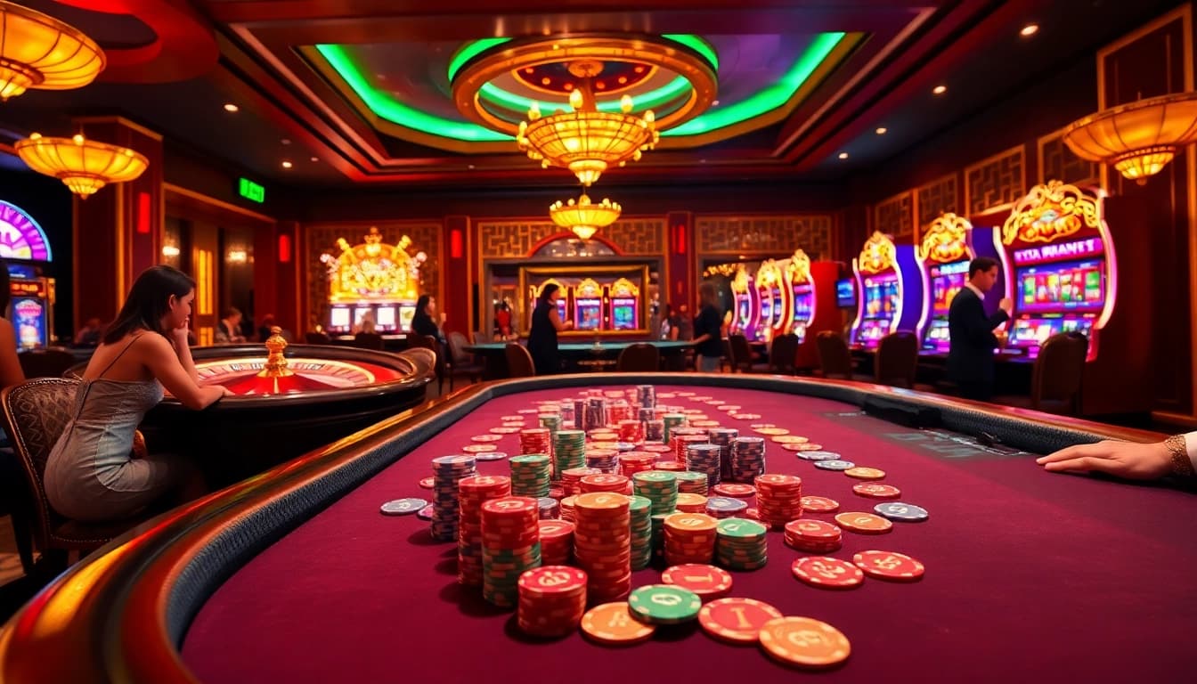 Experience high-stakes gaming action with 98Win at a vibrant casino scene featuring poker and roulette.