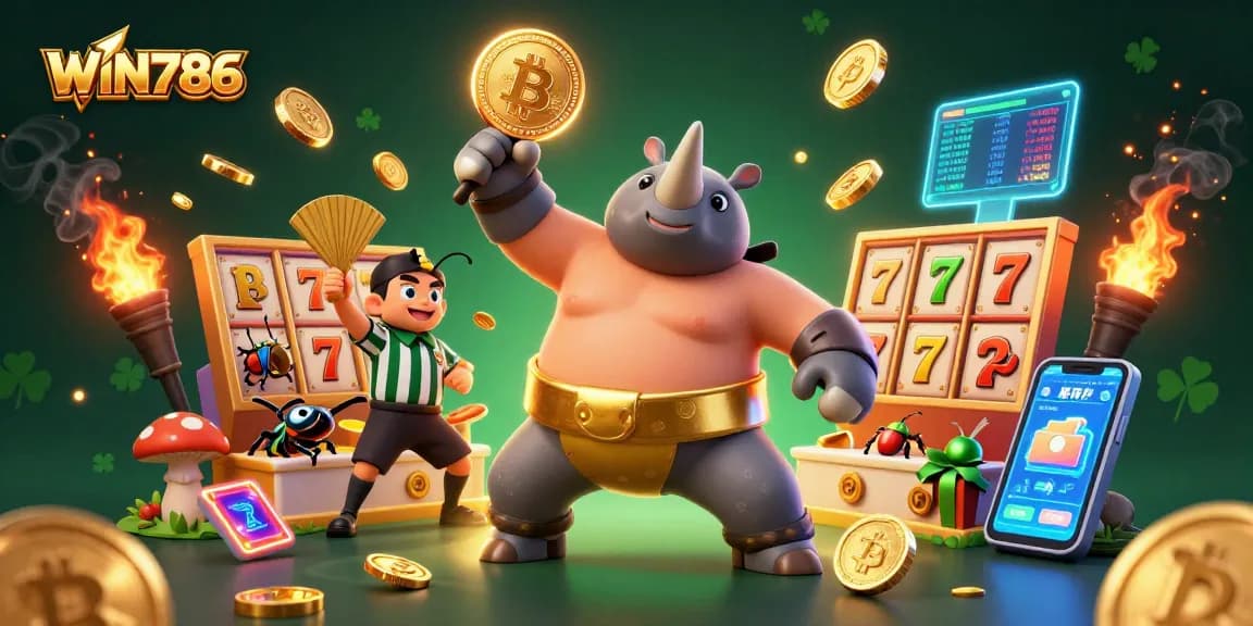WIN786 showcases an exciting scene in a 3D cartoon casino with vibrant characters and games.