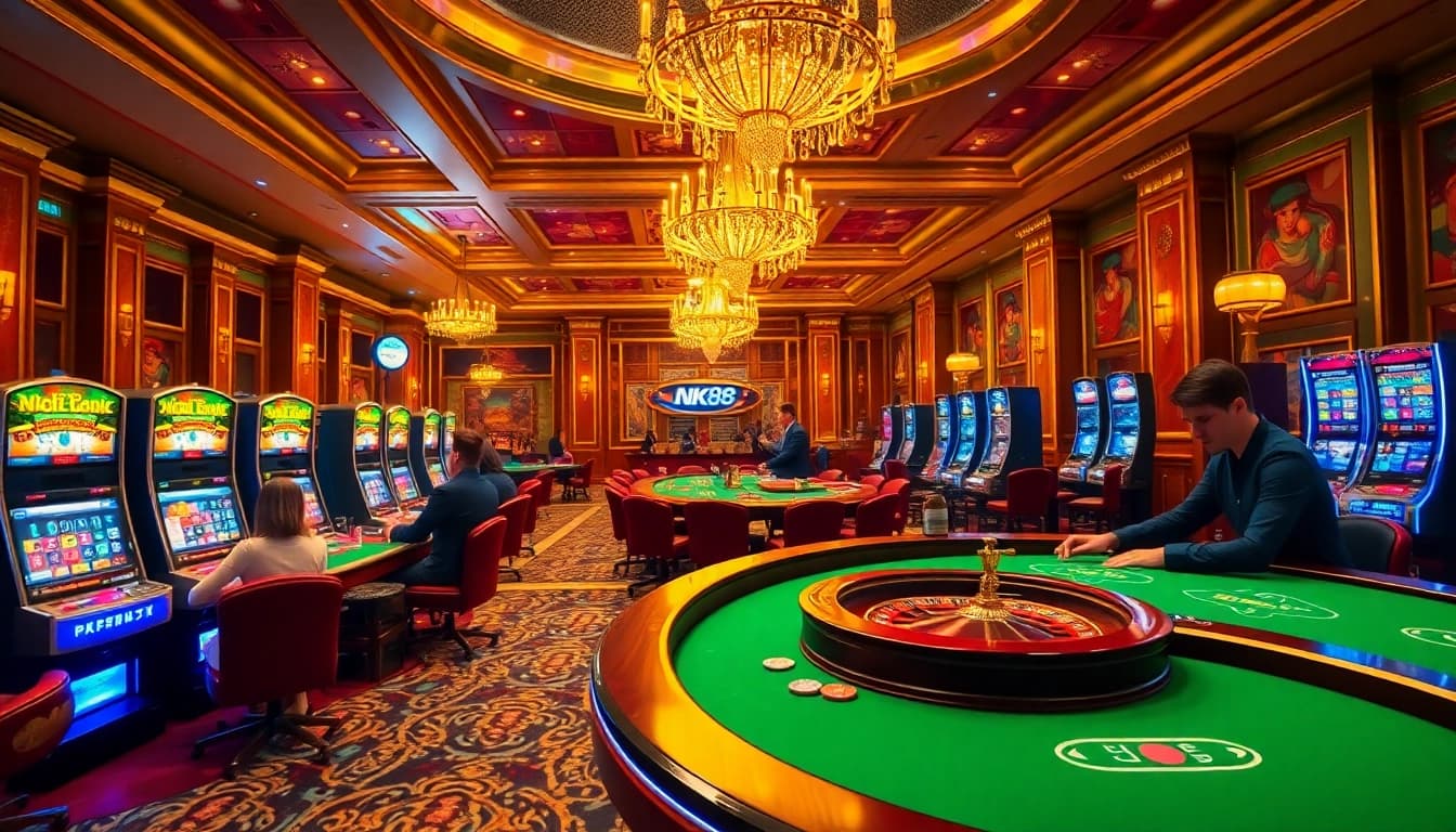 Exciting gaming scene at nk88 casino with poker tables and vibrant slot machines.