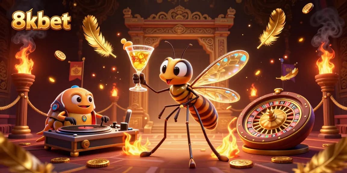 Engage with 8kbet, showcasing a lively casino scene with vibrant characters and gaming elements.
