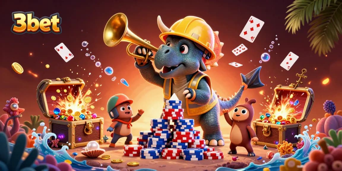Engage with the vibrant world of 3bet featuring a dynamic cartoon scene celebrating casino gaming.