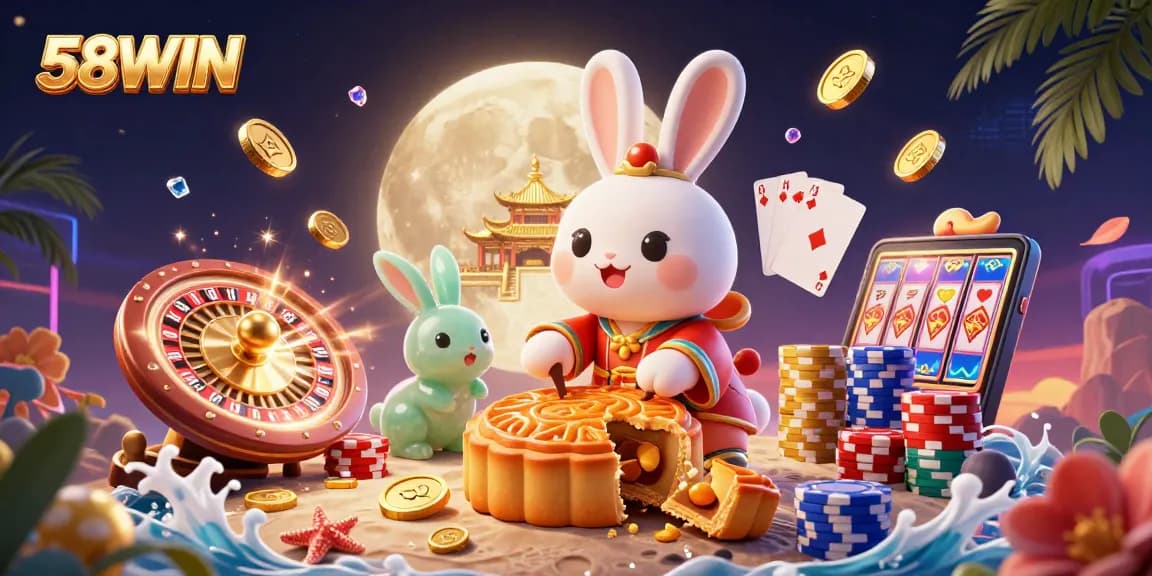 Experience the thrill of gambling with 58WIN's vibrant casino illustration showcasing a moon rabbit revealing poker chips.