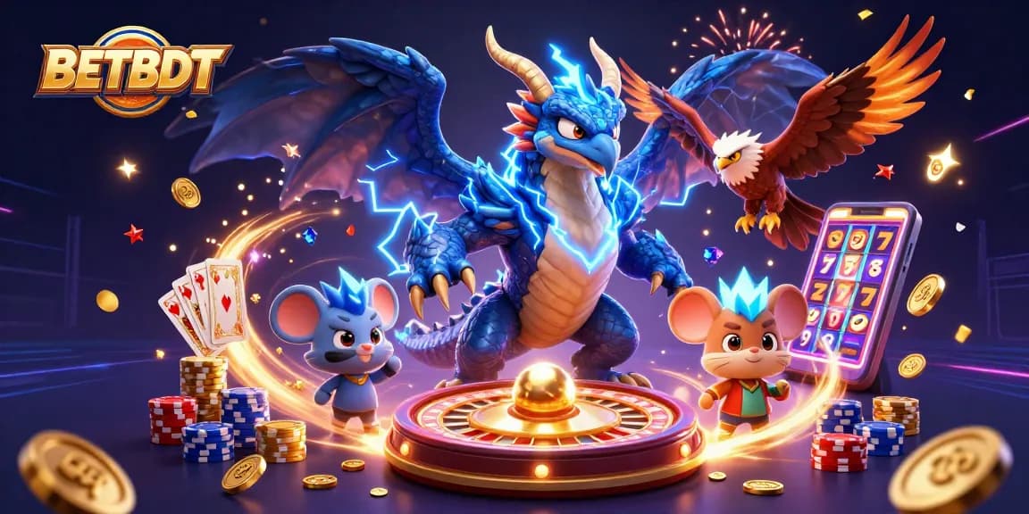 Experience the excitement of BETBDT with a dynamic 3D casino scene featuring thrilling game elements and vibrant characters.