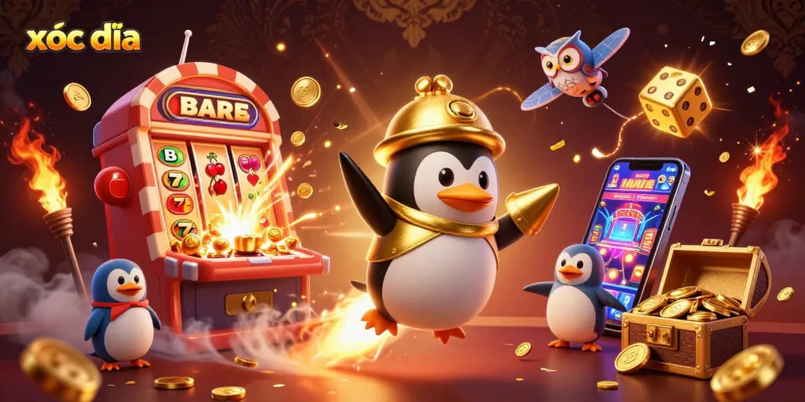 xóc đĩa penguin fly through a bursting jackpot slot machine, showing vibrant casinos.