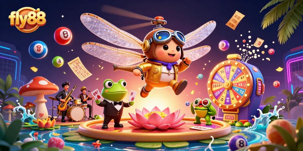 Experience excitement at fly88 casino with a vibrant scene of a dragonfly pilot and frog croupier in action.