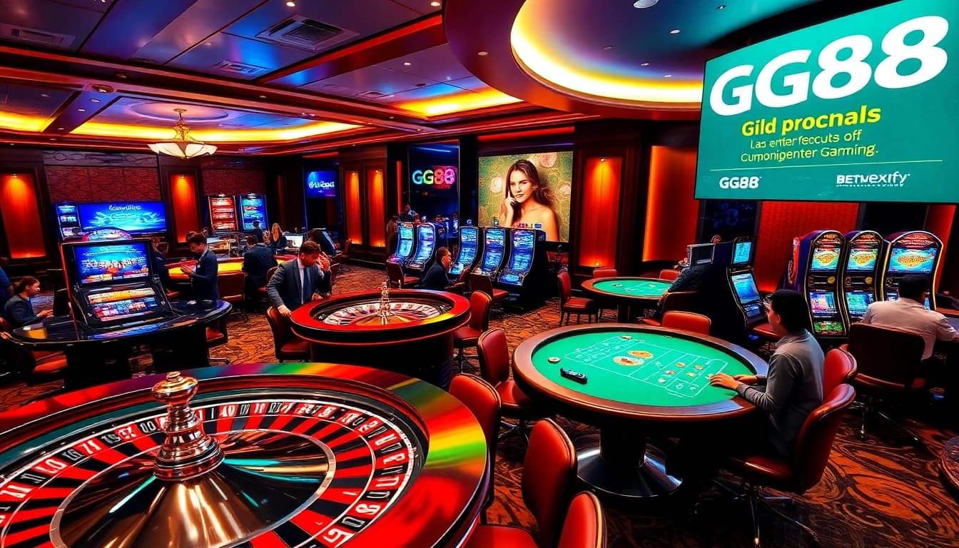 Experience thrilling gaming moments at GG88 casino with vibrant roulette tables and slot machines.