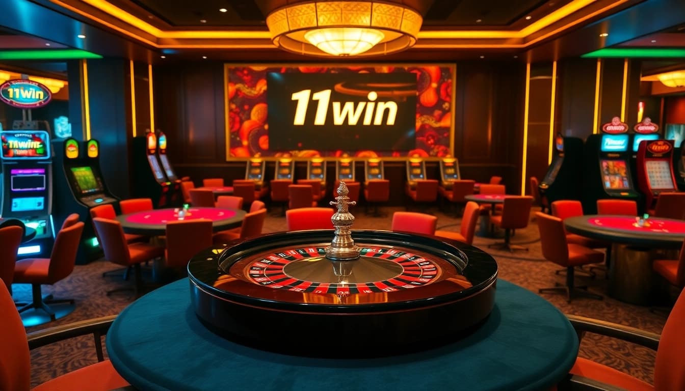 Experience thrilling games at 11win's lively casino setting with roulette and slot machines.