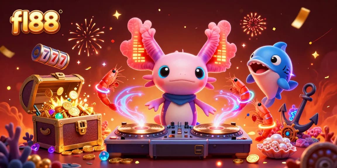 Spin the reels with fl88 while enjoying a vibrant underwater casino scene featuring DJ axolotl.