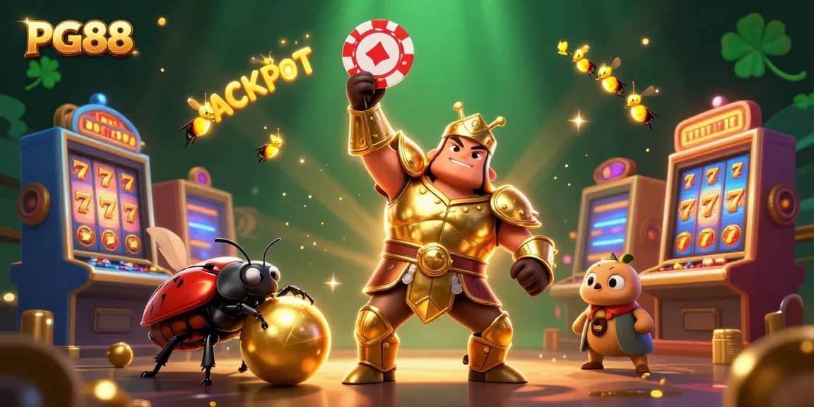 Experience the thrill of PG88 with a victorious beetle and vibrant jackpot elements in a dynamic casino setting.
